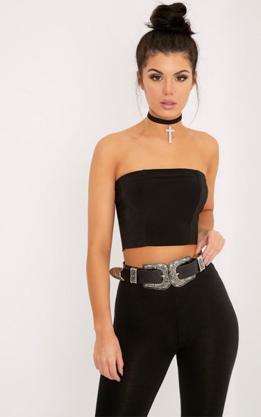 short black tube top with collar and tube jeans with belt