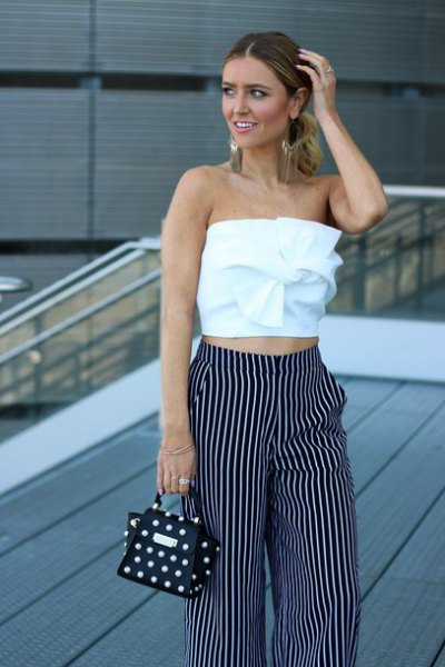 white top with front tube and striped trousers with wide legs