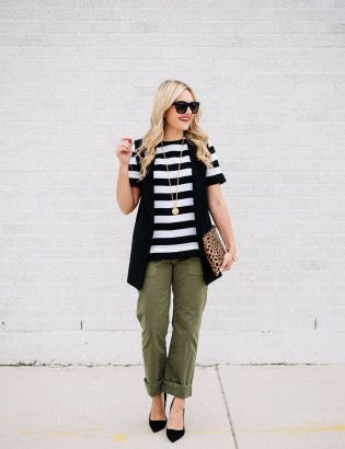 black and white striped t-shirt with vest and cuff pants with cuff
