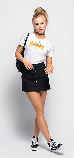 white slim fit t-shirt with black mini skirt on the front