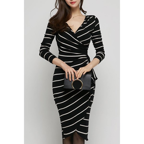 black and white striped figure-hugging midi wrap dress with wrap front