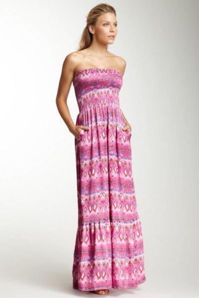 gray tribal printed strapless maxi dress with gathered waist