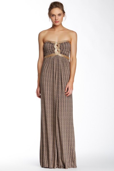 pink and black patterned ruched maxi strapless waist dress