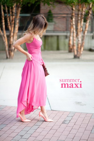 pink maxi high low dress with heels and clutch with leopard print