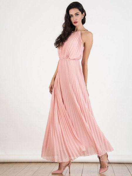 Light pink halter fit and flared, pleated chiffon maxi dress