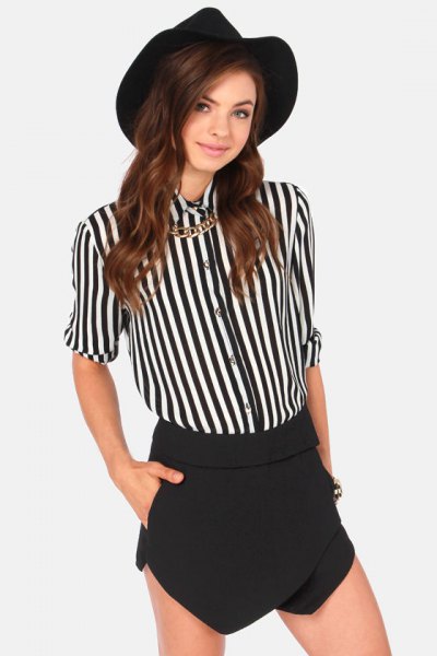 black and white striped shirt with buttons, mini skirt and felt hat