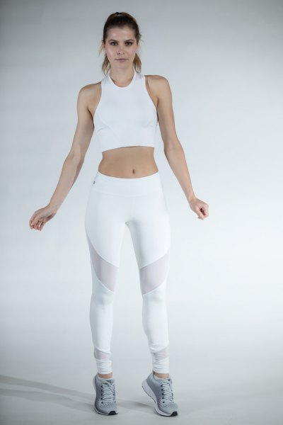 white short tank top with mesh leggings