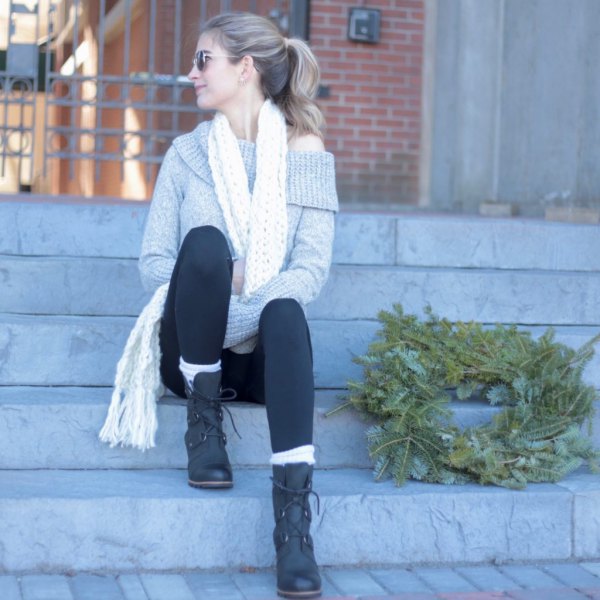 gray one-shoulder rib sweater with white scarf and leggings