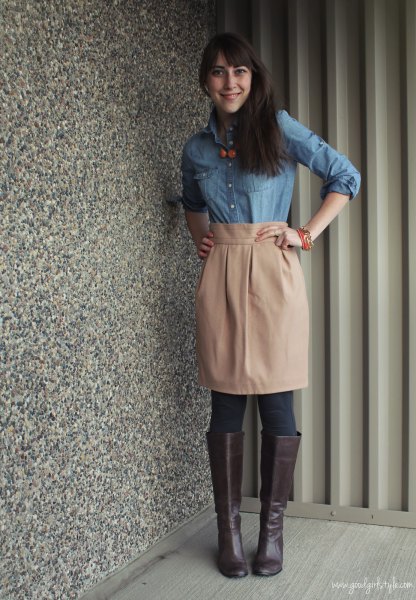 light blue chambray shirt with knee length skirt with pink high waist