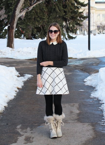 black rib sweater with white printed skater skirt