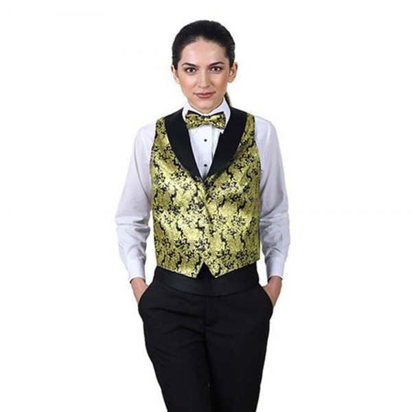 Vest with gold and black printing, matching bow tie and white shirt