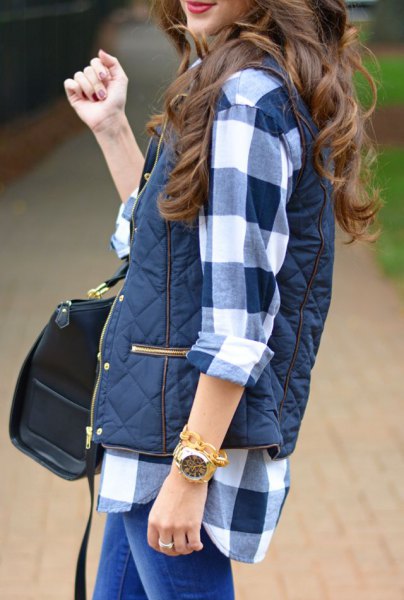 black and white checked boyfriend shirt with dark blue vest and slim jeans