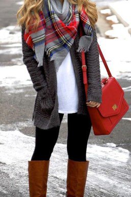 gray cardigan with white tunic top and brown knee high boots