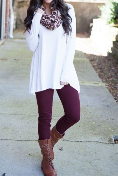 white tunic sweater with scarf with leopard print and gray laced boots