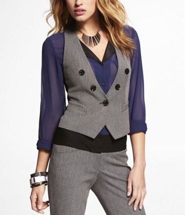 Navy blue chiffon blouse with gray, slim cut short vest