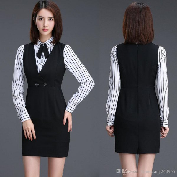 black mini dress with ruffled waist and striped shirt with buttons
