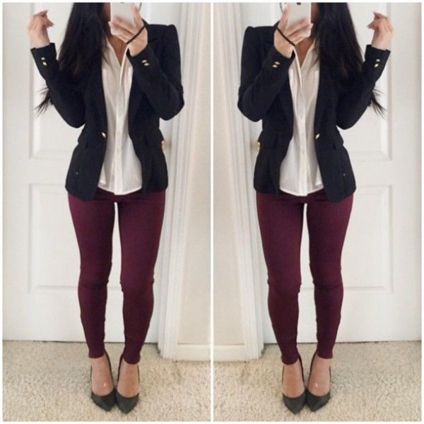 black blazer with white shirt and burgundy leggings