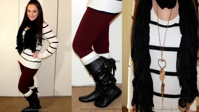 white and black striped tunic sweater with burgundy leggings and high boots