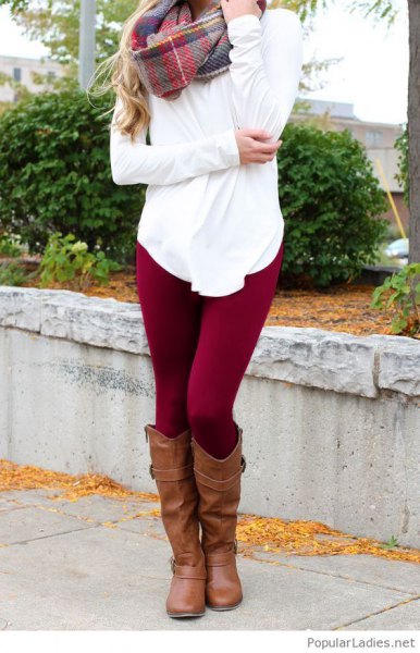 white blouse with checkered cashmere scarf and dark red leggings