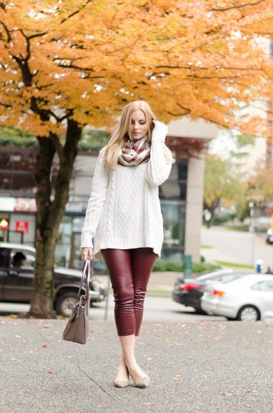white, rough knitted sweater with scarf and burgundy leggings