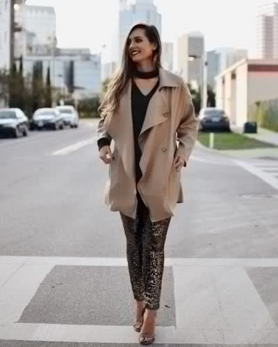 blushing pink longline trench coat with tights with leopard print