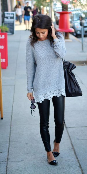 gray rib sweater with white tunic blouse and leather tights