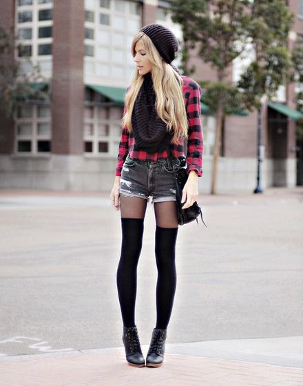 black and red checked shirt with buttons, mini denim shorts and tights