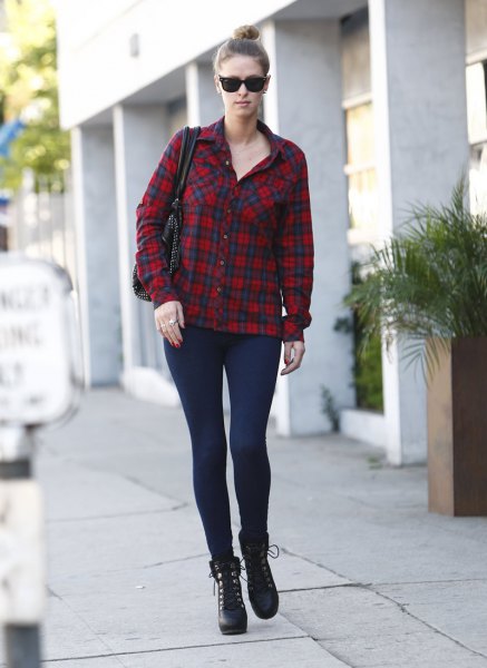red and black plaid shirt with leggings