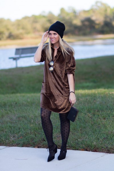 bronze silk shirt dress with tights and short boots made of pointed toe leather