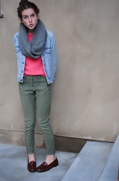 light blue denim jacket with pink sweater and infinity scarf