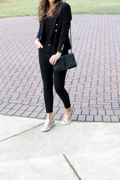 black blazer with skinny jeans and rose gold metallic sneakers