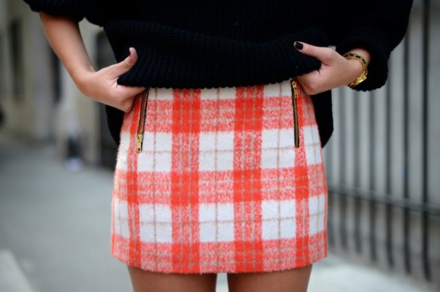 red and white checkered mini wool skirt with black knitted sweater