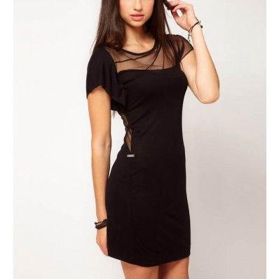 black semi-transparent short-sleeved mini dress