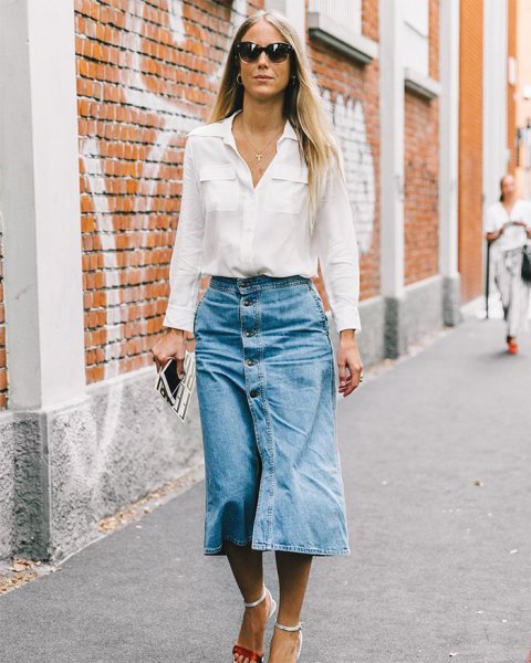 white shirt with pocket front and midi skirt with jeans button on the front