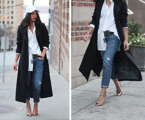 black wool coat with white boyfriend shirt and straight-leg jeans