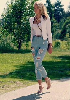 white blazer with top with scoop neck and light blue jeans