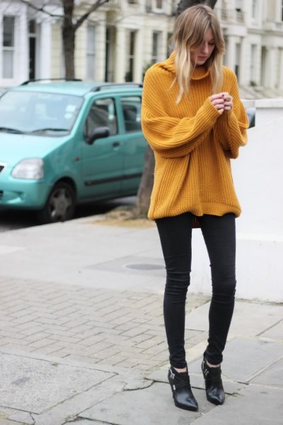 Chunky rib sweater with a waterfall neckline and black skinny jeans
