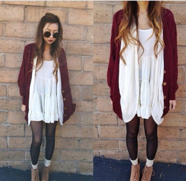 white tank tunic dress with dark red cardigan and stockings
