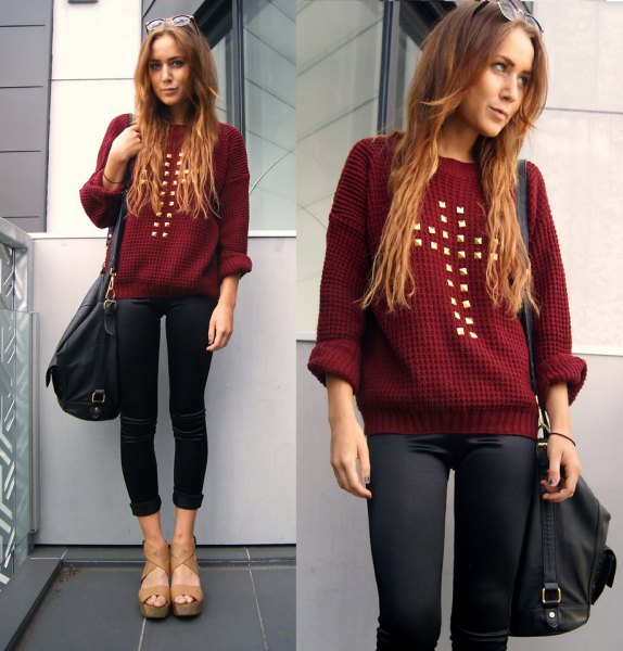 Maroon studded sweater with black coated skinny jeans