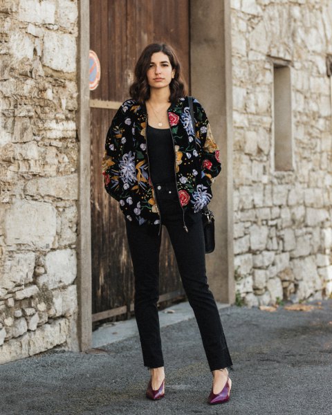 flowers printed velvet cotton jacket with black ankle jeans