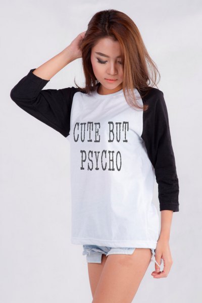 black and white graphic tee with long sleeve with light blue mini shorts