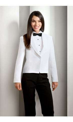 white tuxedo dinner jacket with black pants and bow tie