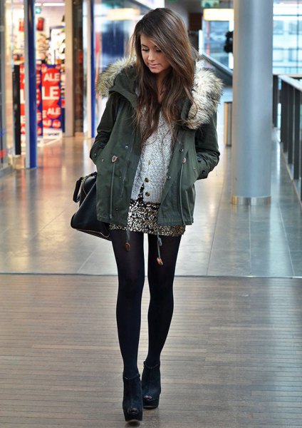 parka jacket with gray fur with mini skirt in silver sequin