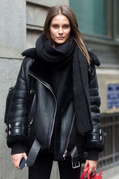 black leather fly jacket with long knit scarf