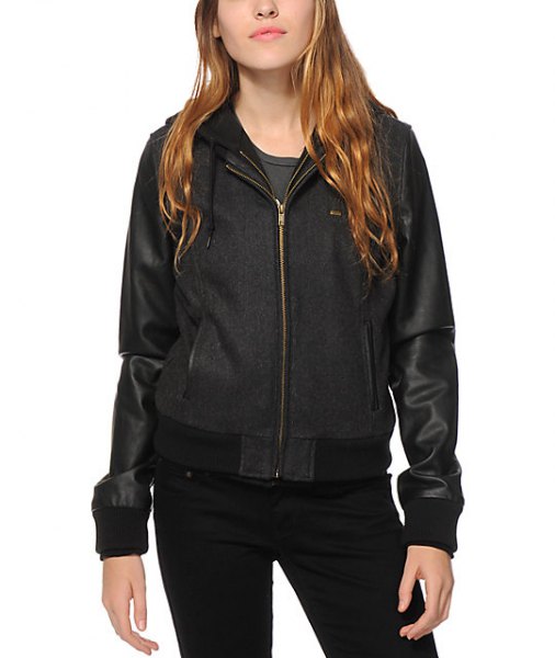 black fleece and leather two toned hood bomber jacket with skinny jeans