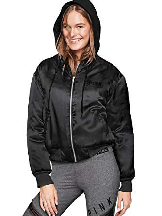 black hooded nylon bomber jacket with gray printed joggers
