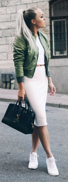 white bodycon midi dress in two parts with olive fitted jacket