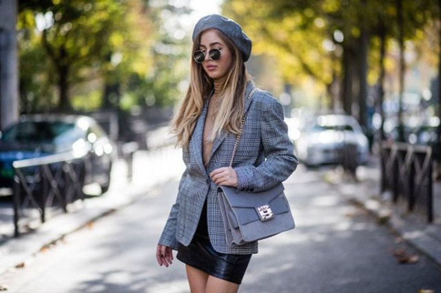 tweed gray checkered oversized blazer with black mini leather skirt
