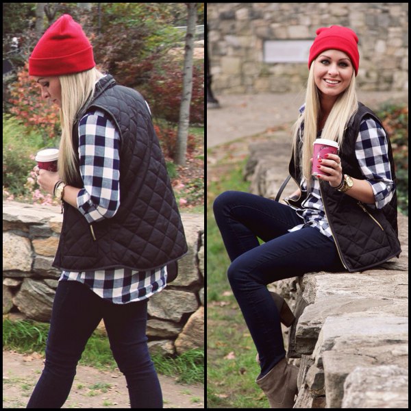 red knitted hat with plaid shirt and dark blue jeans
