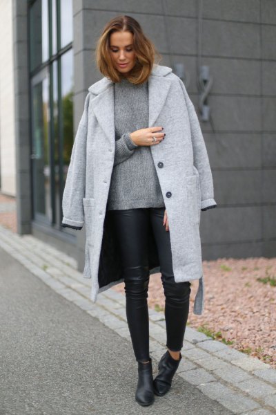 longline wool boyfriend clothing with sweater and black leather leggings